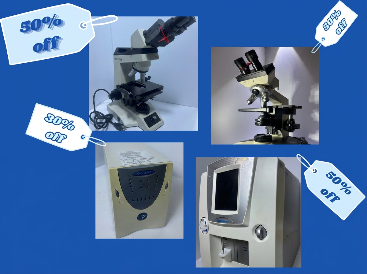Leica and Olympus microscopes, a Powervar power supply, and a Medonic analyzer with light-blue discount tags
